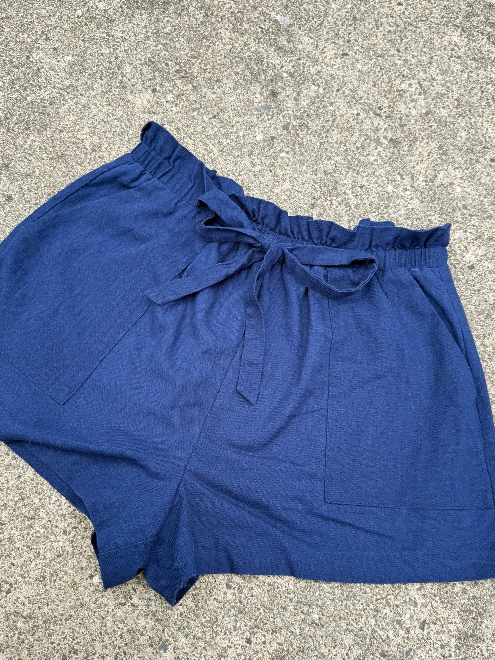 Women's Navy Blue High-Waisted Cotton-Linen Casual Shorts with Tie-Front size M
